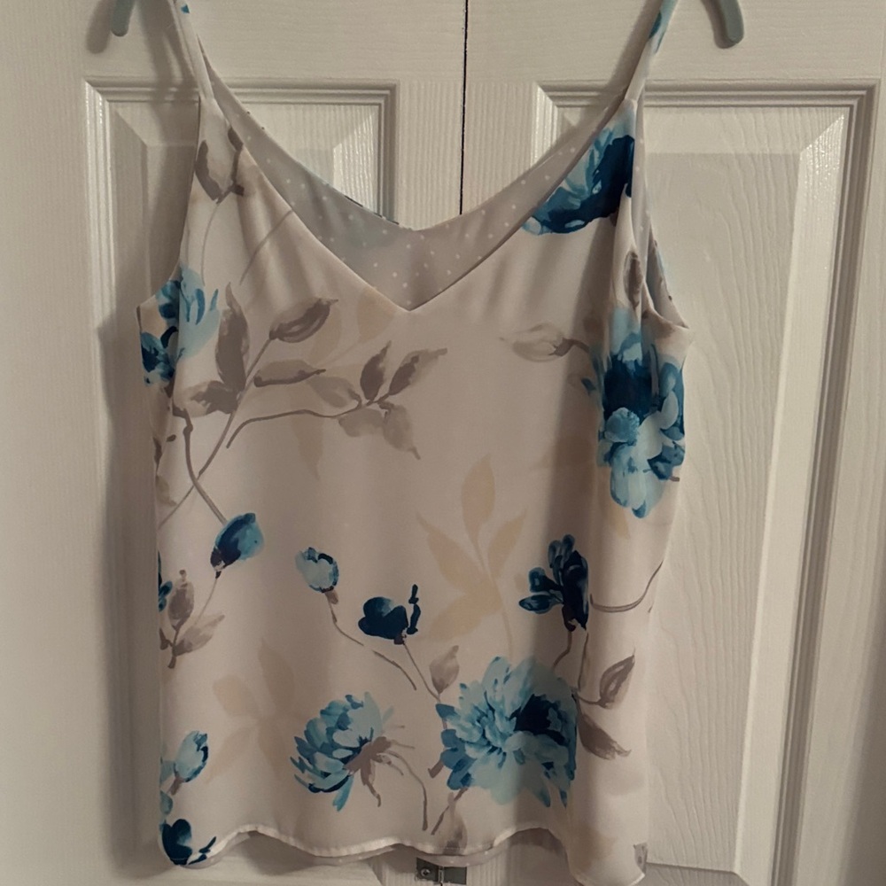 White House Black Market Cream Floral V-Neck Camisole with Blue Blooms